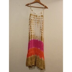 Kohinoor Tie Dye Maxi Dress Womens Pink Orange Yellow Ruffle Hem Spaghetti Strap